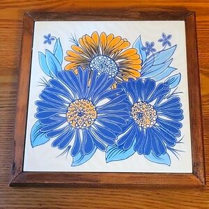 Italian Tile Trivet/Hot Dish Holder Floral Wood Frame